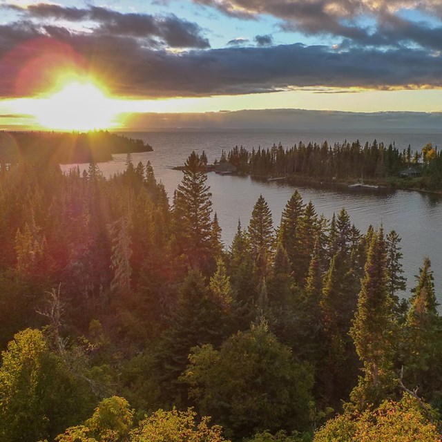 Sunrise over Great Lakes at Isle Royale National Park. 